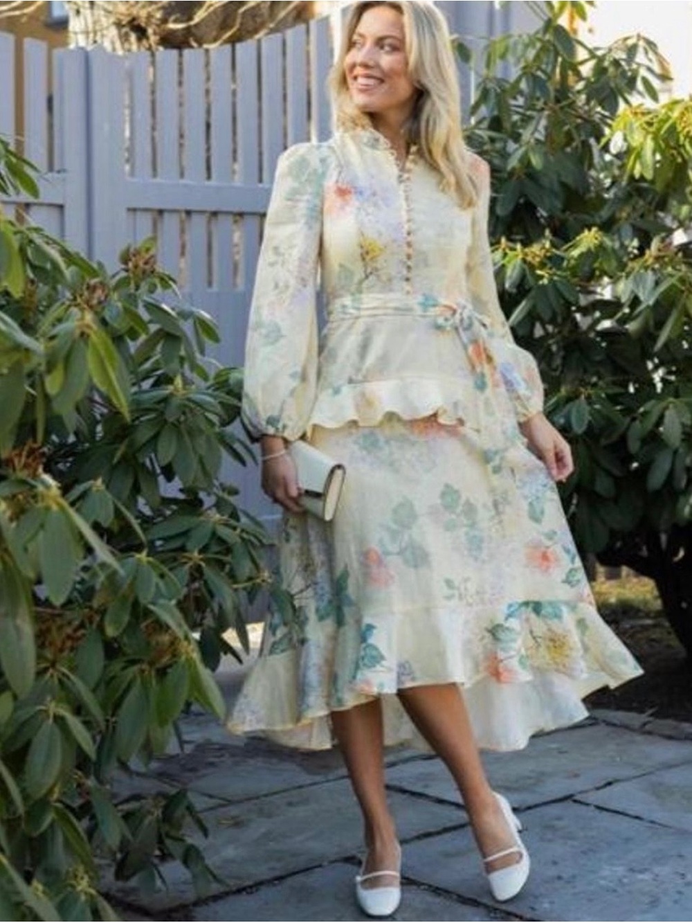 Zimmermann Cream Floral Ruffle Midi Skirt